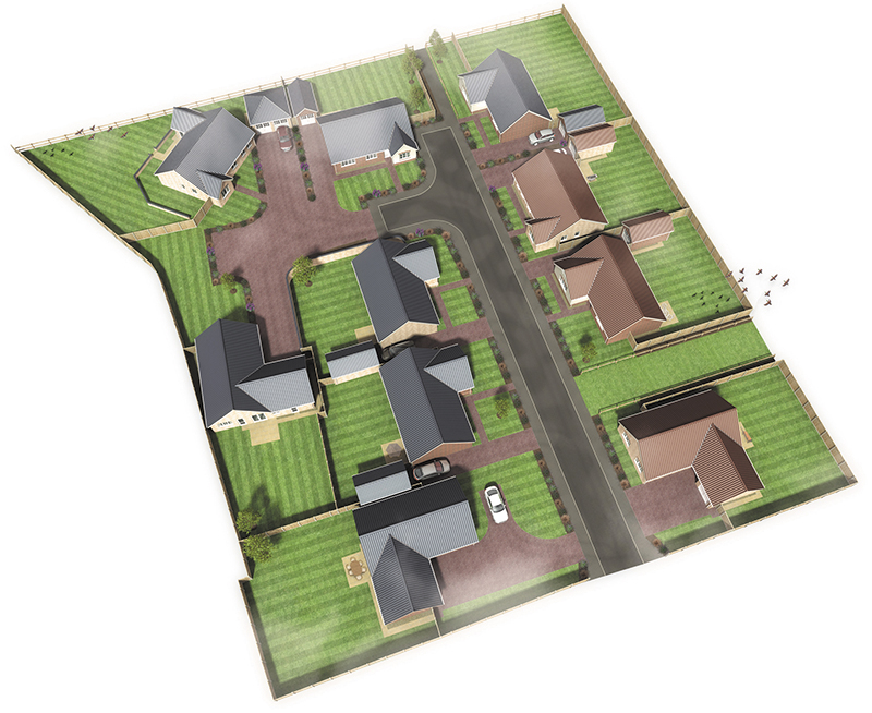 Computer generated aerial view of The Meadows development