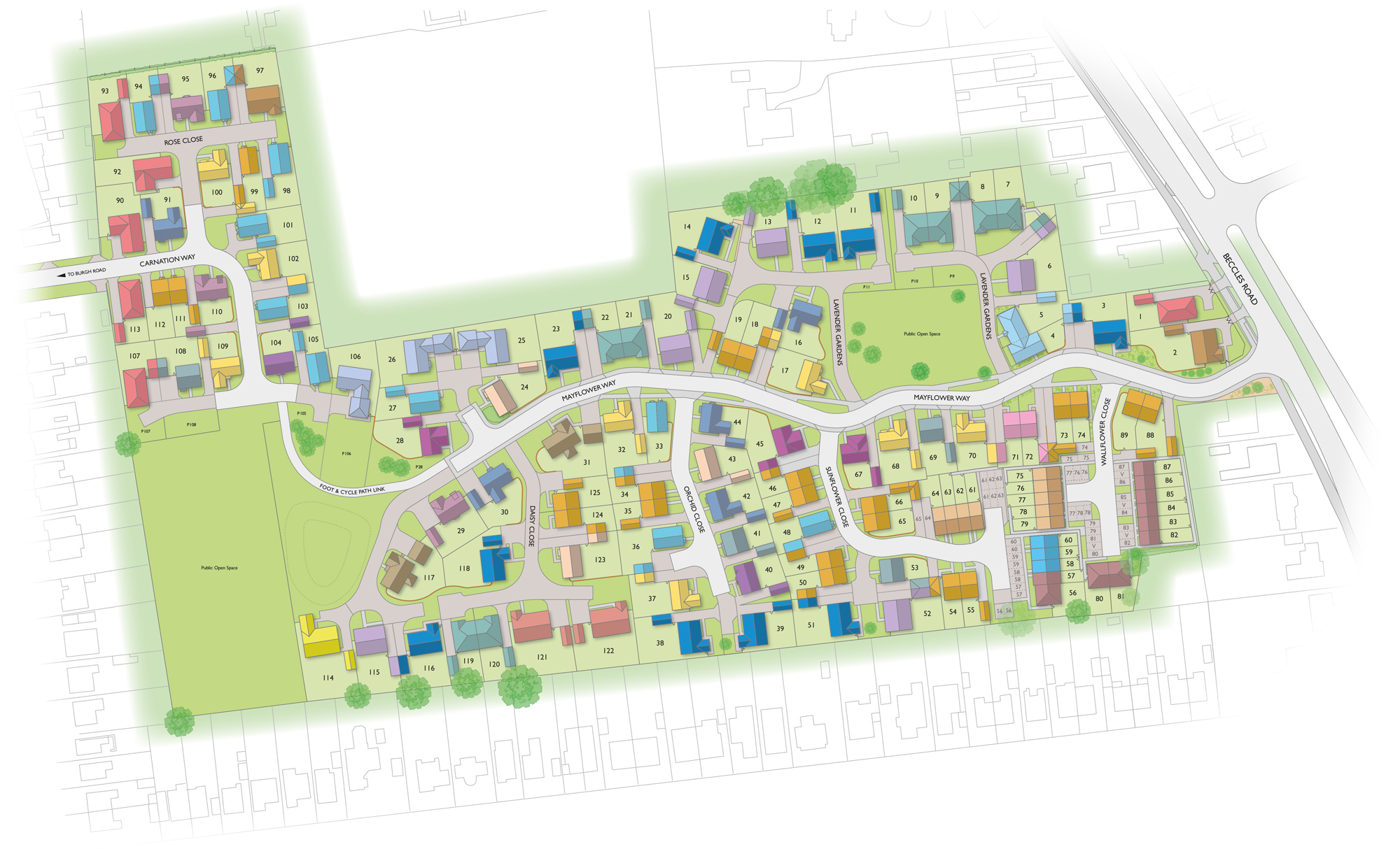 Badger Building Claydon Park Site Plan Badger Building Claydon Park site plan illustration showing plot layouts and house types