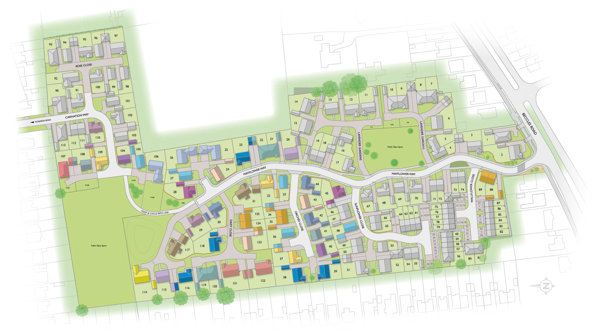 Badger Building Claydon Park site plan illustration showing plot layouts and house types