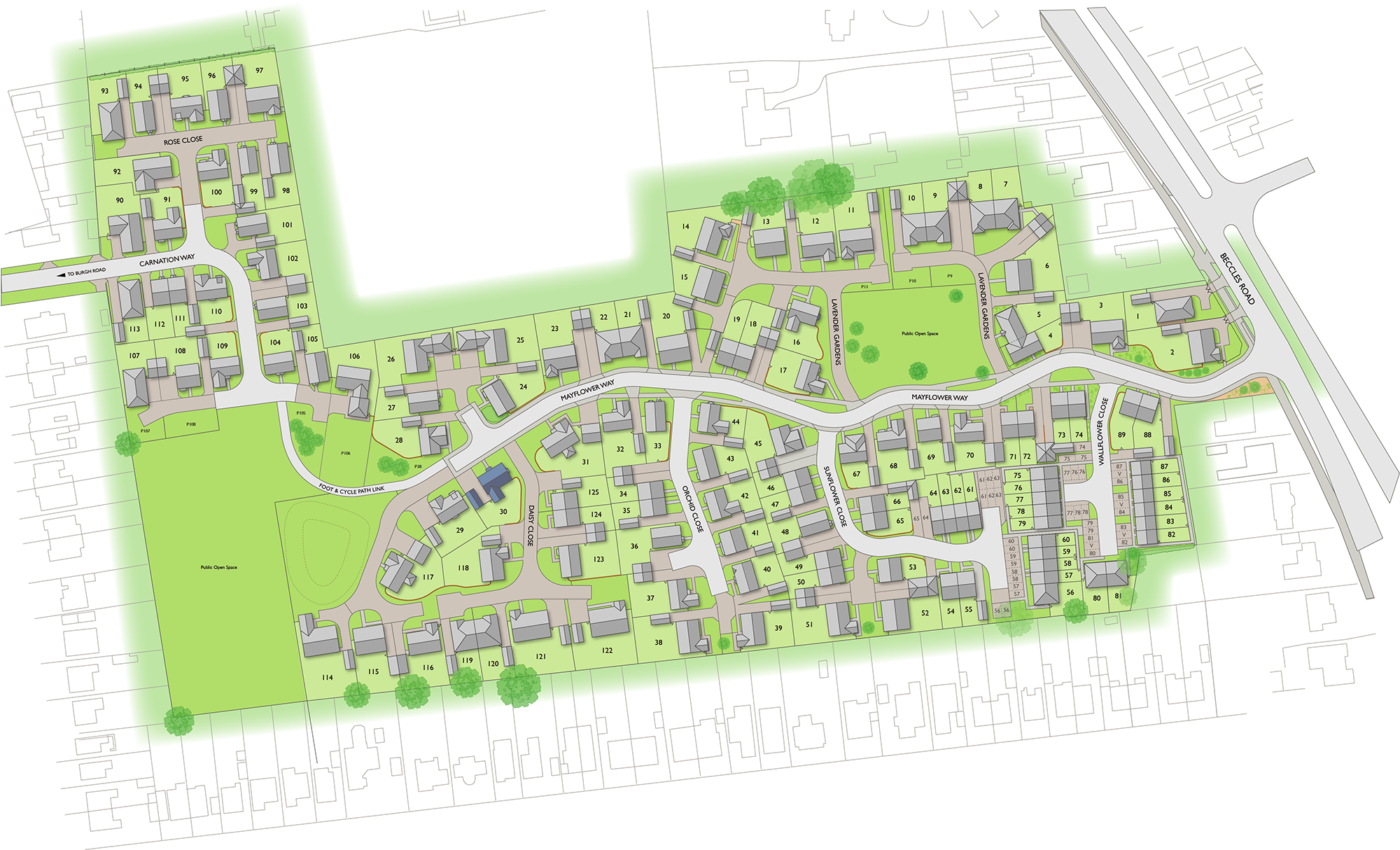 Badger Building Claydon Park site plan illustration showing plot layouts and house types